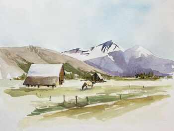 berge landschaft alpen kühe aquarell malerei