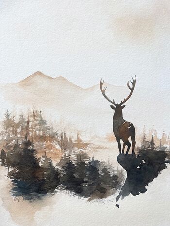 hirsch berg aquarell malerei dämmerung