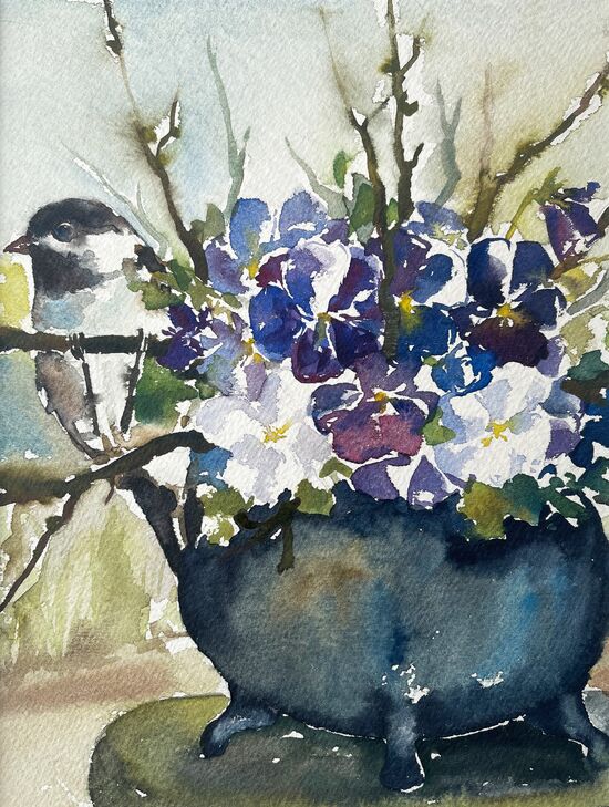 Vogel Stiefmütterchen Grütztopf Aquarell