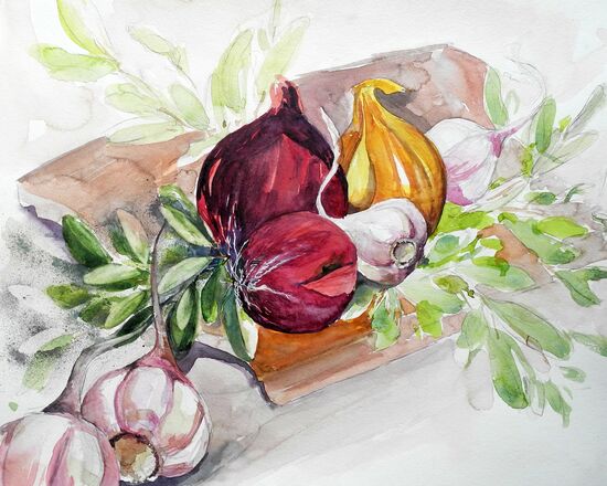 Knoblauch und Zwiebeln knoblauch zwiebeln stillleben aquarell malerei küche