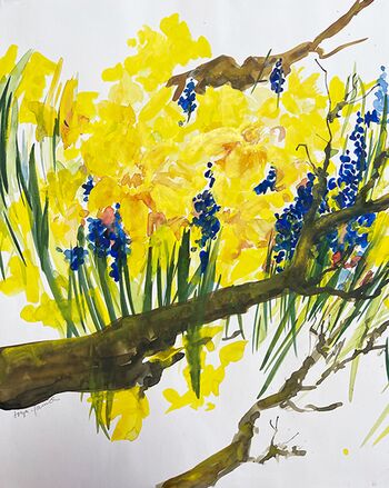 Narzissen Osterglocken gelb mit Ästen Blumen malen Aquarell