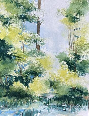 Wald Bäume See Landschaft Aquarell malen