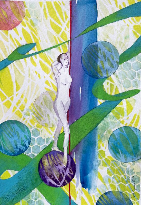 Fantasiebild mit Frau und Planeten gemalt