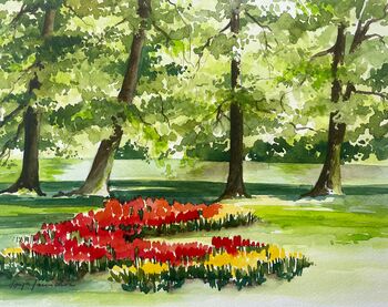 Tulpen Bäume Gras im Aquarell