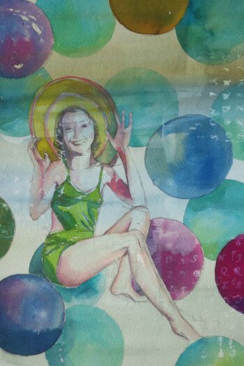 Frau mit Hut Figur sitzend Aquarell