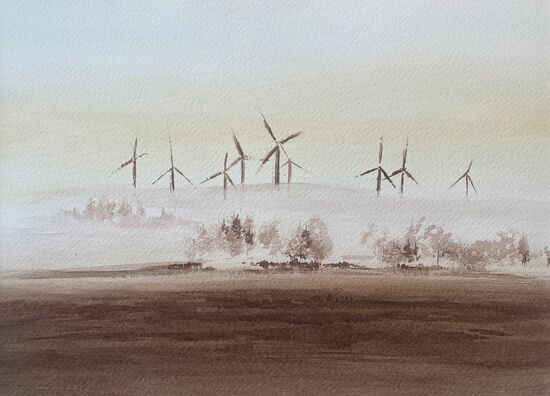 Malen am meer Windkraftanlagen Windkraftanlagen im Nebel Aquarell