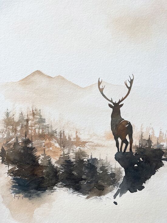 hirsch berg aquarell malerei dämmerung