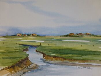Hallig Hooge mit Priel Landschaft im Aquarell
