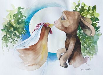 Huhn küßt Hase Mondschein im Aquarell