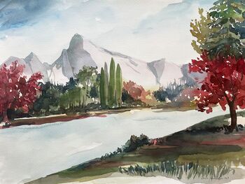 bäume fluss herbst aquarell malerei