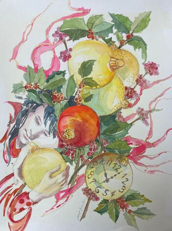 Weihnachtskugeln schlafender Mensch mit Uhr gemalt Aquarell