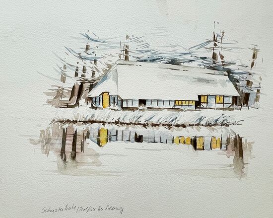 Schnee haus malerei aquarell gemälde winter