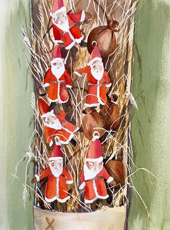 Weihnachtsmotiv Weihnachtsmänner in Stroh Aquarell