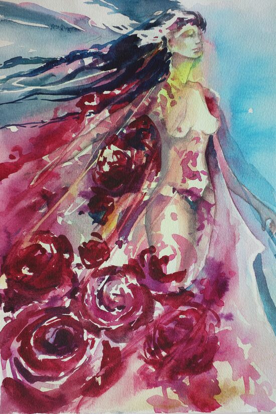 akt Frau mit Rosen im Aquarell
